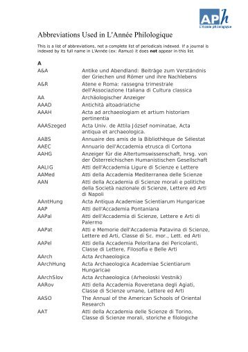 Abbreviations used in L'Anne Philologique - Department of Classics