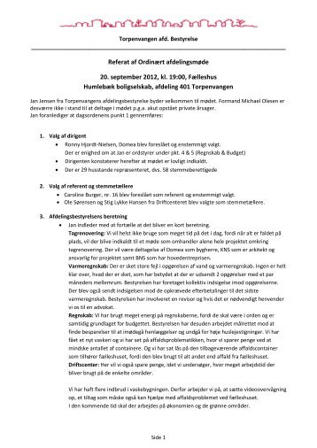 Referat af OrdinÃ¦rt afdelingsmÃ¸de 20. september 2012, kl ... - Domea