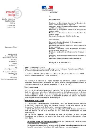 Note DIVEL/CDOEA 12-1292 - Inspection acadÃ©mique du FinistÃ¨re