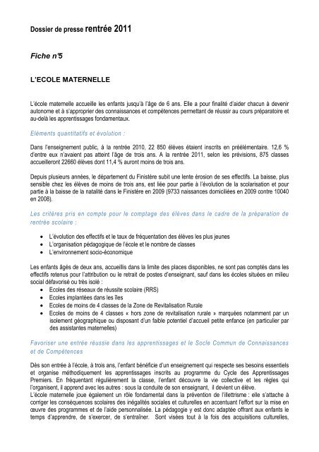 Dossier de presse rentrÃ©e 2011 - Inspection acadÃ©mique du FinistÃ¨re