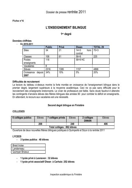 Dossier de presse rentrÃ©e 2011 - Inspection acadÃ©mique du FinistÃ¨re