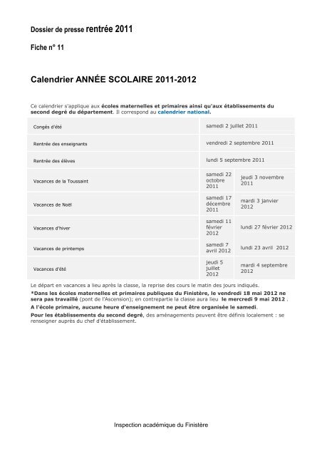 Dossier de presse rentrÃ©e 2011 - Inspection acadÃ©mique du FinistÃ¨re