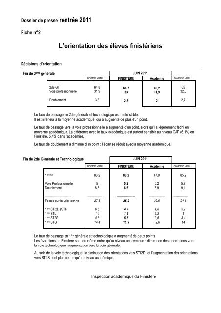 Dossier de presse rentrÃ©e 2011 - Inspection acadÃ©mique du FinistÃ¨re