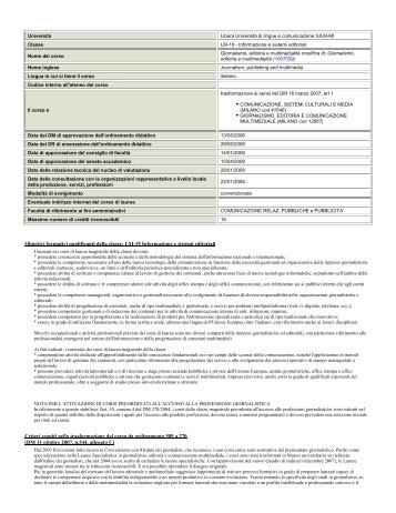 Obiettivi formativi qualificanti della classe: LM-19 Informazione ... - Iulm