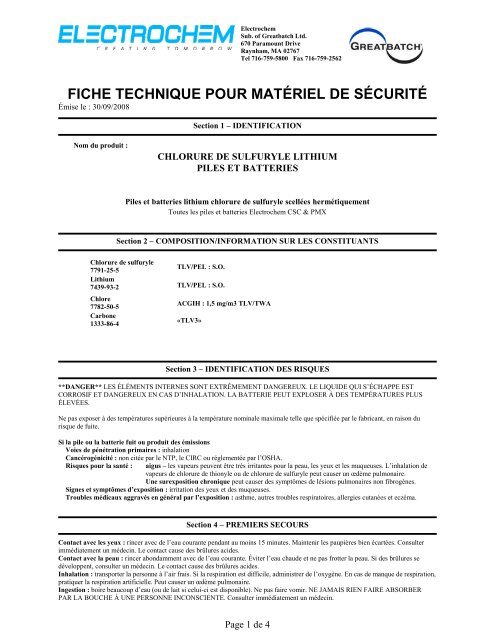 fiche technique pour matÃ©riel de sÃ©curitÃ© - Electrochem Solutions