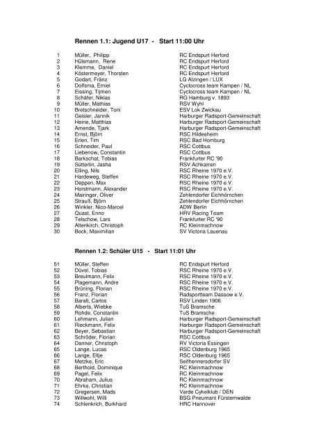 Rennen 1.1: Jugend U17 - Start 11:00 Uhr - RC Endspurt Herford