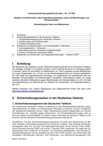 I. Einleitung II. Sicherheitsorganisation in der Deutschen Telekom