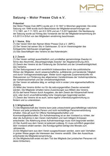 MPC-Satzung als PDF zum Herunterladen - Motor Presse Club eV