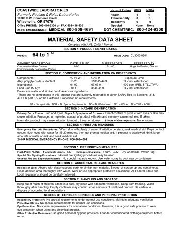 MATERIAL SAFETY DATA SHEET 64 to 1 - Coastwide Laboratories