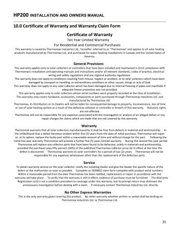 10.0 Certificate of Warranty and Warranty Claim Form Certificate of ...