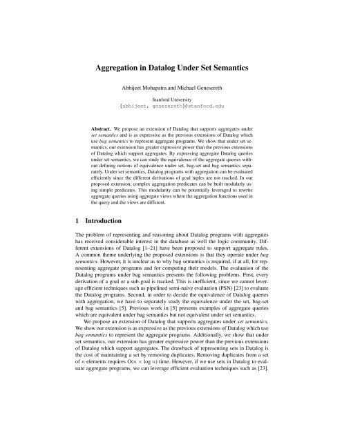 Aggregation in Datalog Under Set Semantics - Stanford Logic Group ...