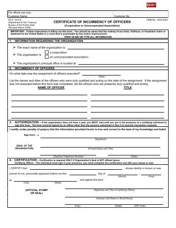 CERTIFICATE OF INCUMBENCY OF OFFICERS - Treasury Direct