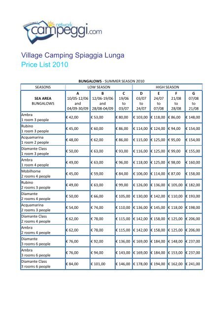 Village Camping Spiaggia Lunga Price List 2010