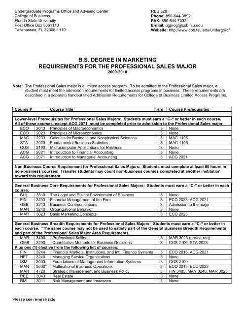 bs degree in marketing requirements for the professional sales major