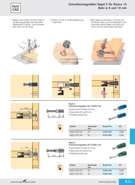 SchnellmontagedÃ¼bel Rapid S fÃ¼r Rastex 15 Bohr-Ã¸ 8 und 10 mm