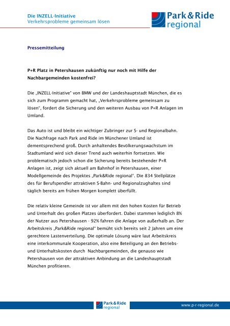 Pressemitteilung zur Veranstaltung - Park @ Ride regional