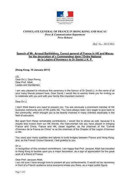 Speech of Mr. Arnaud BarthÃ©lÃ©my, Consul general of France in HK ...