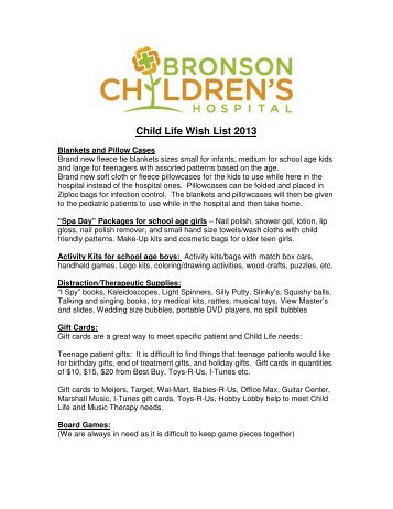 Child Life Wish List 2013