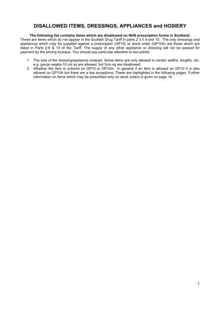 DISALLOWED ITEMS, DRESSINGS, APPLIANCES and HOSIERY