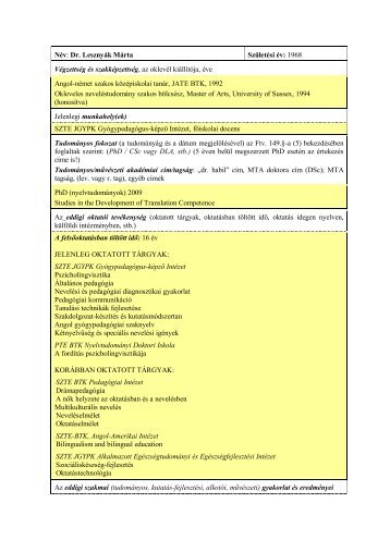 Név: Dr. Lesznyák Márta Születési év: 1968 Végzettség és ... - jgypk