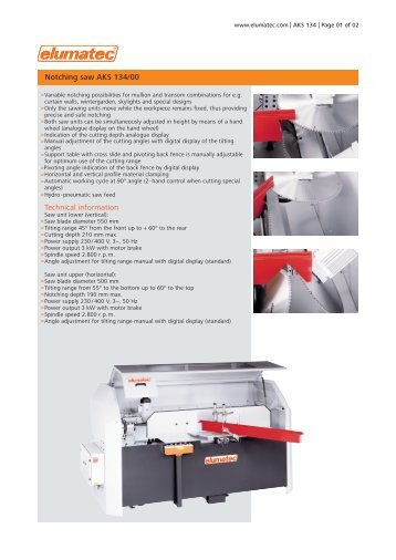 Technical information Notching saw AKS 134/00 - Elumatec