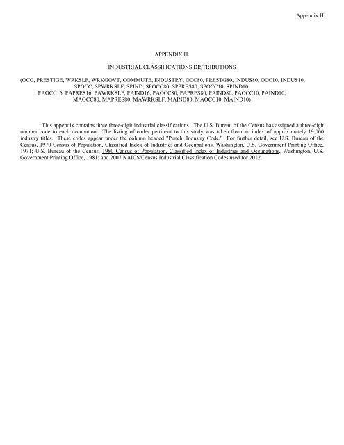 Appendix H APPENDIX H: INDUSTRIAL CLASSIFICATIONS ...