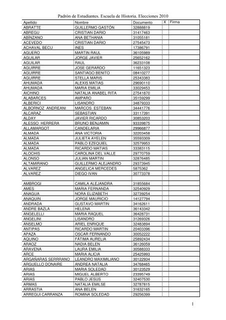 PadrÃ³n de Estudiantes. Escuela de Historia. Elecciones 2010 1