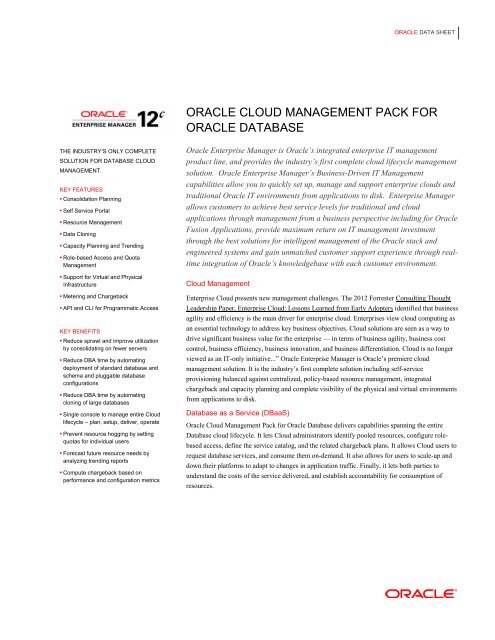 ORACLE CLOUD MANAGEMENT PACK FOR ORACLE DATABASE