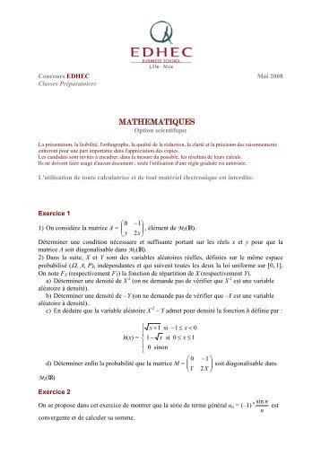 PrÃ©pas 2008 - maths S sujet corrigÃ© rapport - EDHEC Grande Ecole