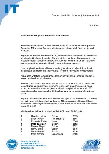 Suomen Ilmailuliitto tiedottaa, julkaisuvapaa heti 29.6 ... - Pallo.net