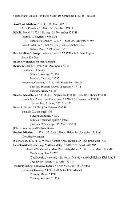 GrÃ¼nderfamilien von Hussinetz, Stand: 10. September 1752, ab ...