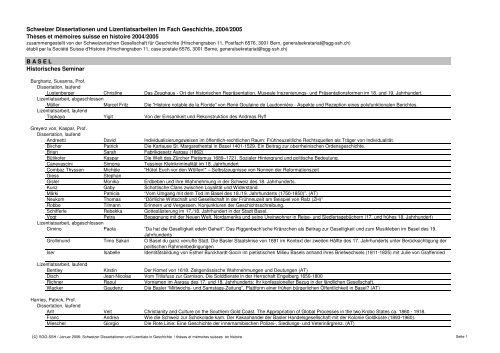 Schweizer Dissertationen Und Lizentiatsarbeiten Im Fach - 