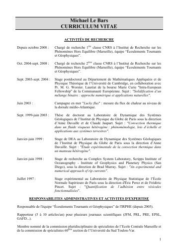 Michael Le Bars CURRICULUM VITAE - IRPHE, Institut de ...