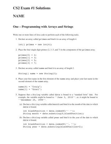 CS2 Exam #1 Solutions NAME One â Programming with Arrays and ...