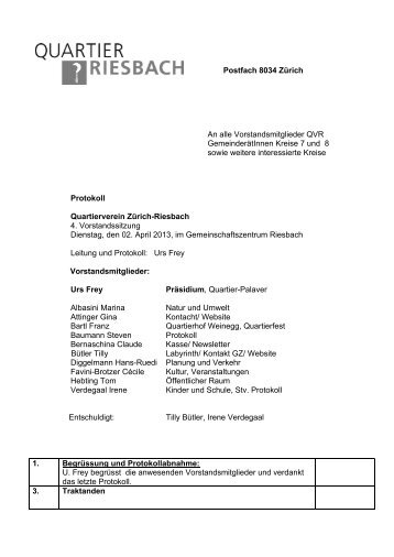 Vorstandssitzung vom 2. April 2013 - Quartierverein Riesbach