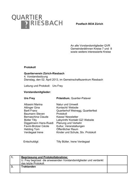 Vorstandssitzung vom 2. April 2013 - Quartierverein Riesbach