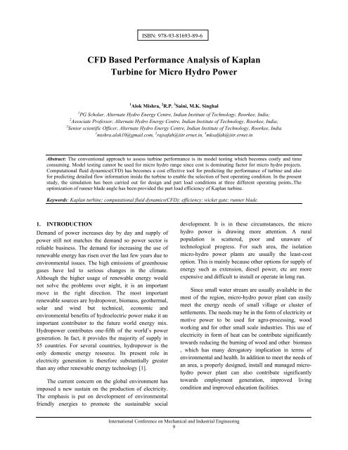 CFD Based Performance Analysis of Kaplan Turbine ... - IRNet Explore