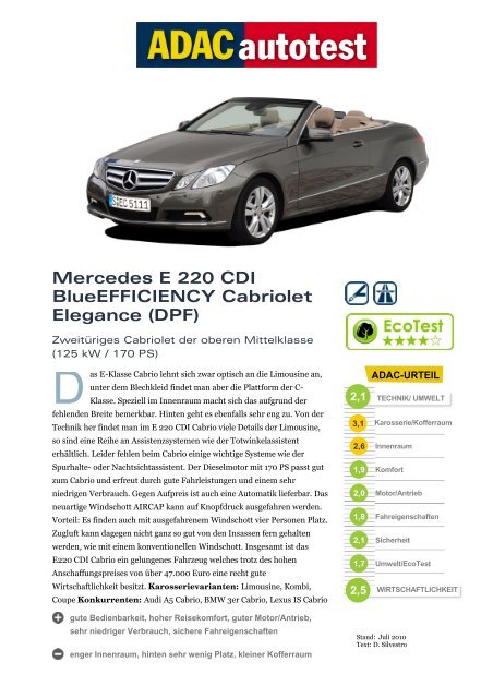 Mercedes E 220 CDI BlueEFFICIENCY Cabriolet Elegance ... - ADAC