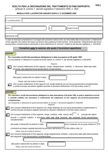 Modulo per la destinazione del TFR - ARCA Previdenza