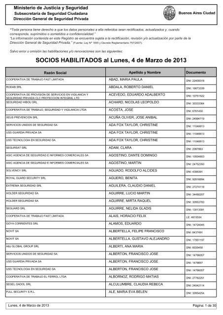 SOCIOS HABILITADOS al Lunes, 4 de Marzo de 2013