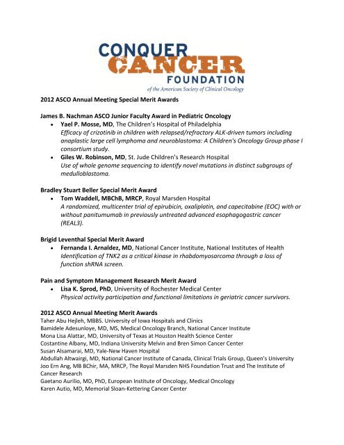 2012 ASCO Annual Meeting Merit Award Winners - Conquer Cancer ...