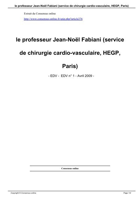 le professeur Jean-Noël Fabiani (service de ... - Consensus Online
