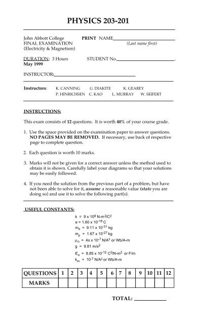 PHYSICS 203-201 - John Abbott College