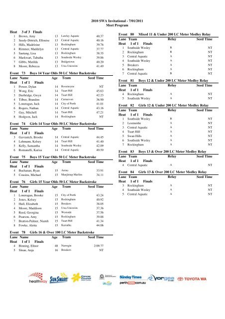2011 SWA Invitational Program Download - Swimming WA Results