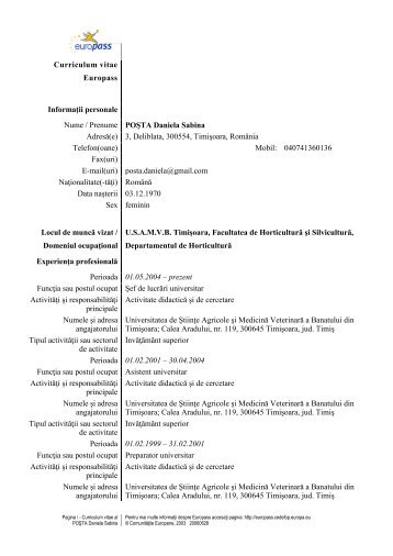 CV Posta Daniela.pdf - Universitatea de Stiinte Agricole si Medicina ...