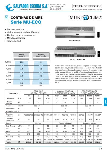 Tarifa de Precios - Cortinas de Aire - Salvador Escoda SA