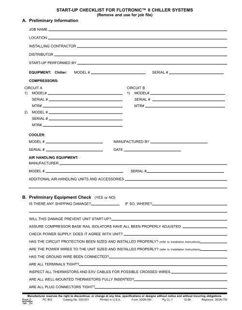 STARTUP CHECKLIST FOR FLOTRONICÃ¢Â„Â¢ II CHILLER Carrier