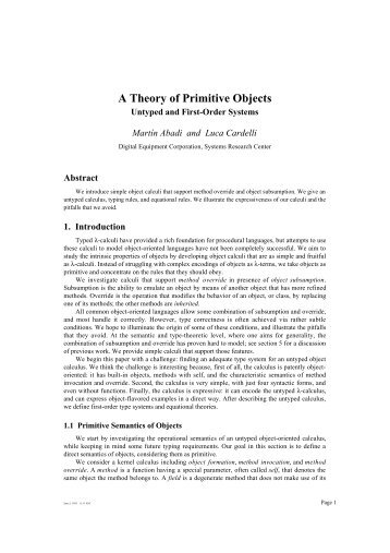 A theory of primitive objects: Untyped and first-order ... - Luca Cardelli