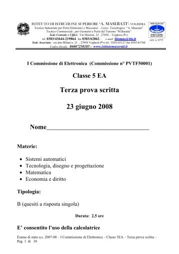 Terza prova esame 5EA - Istituto Istruzione Superiore Maserati