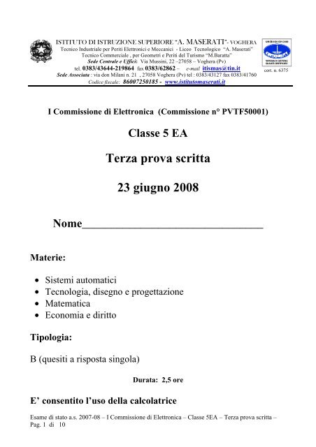 Terza prova esame 5EA - Istituto Istruzione Superiore Maserati